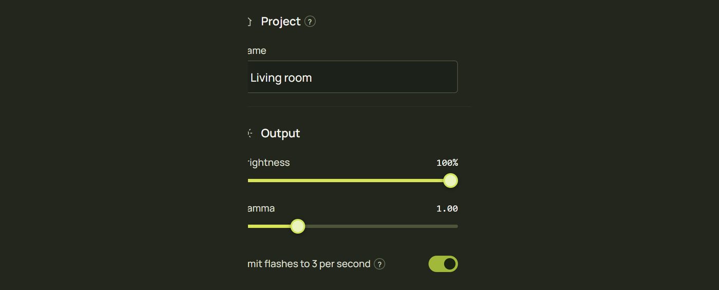 The project's settings: Name, then Output with Brightness, Gamma and Limit flashes to 3 per second switched on