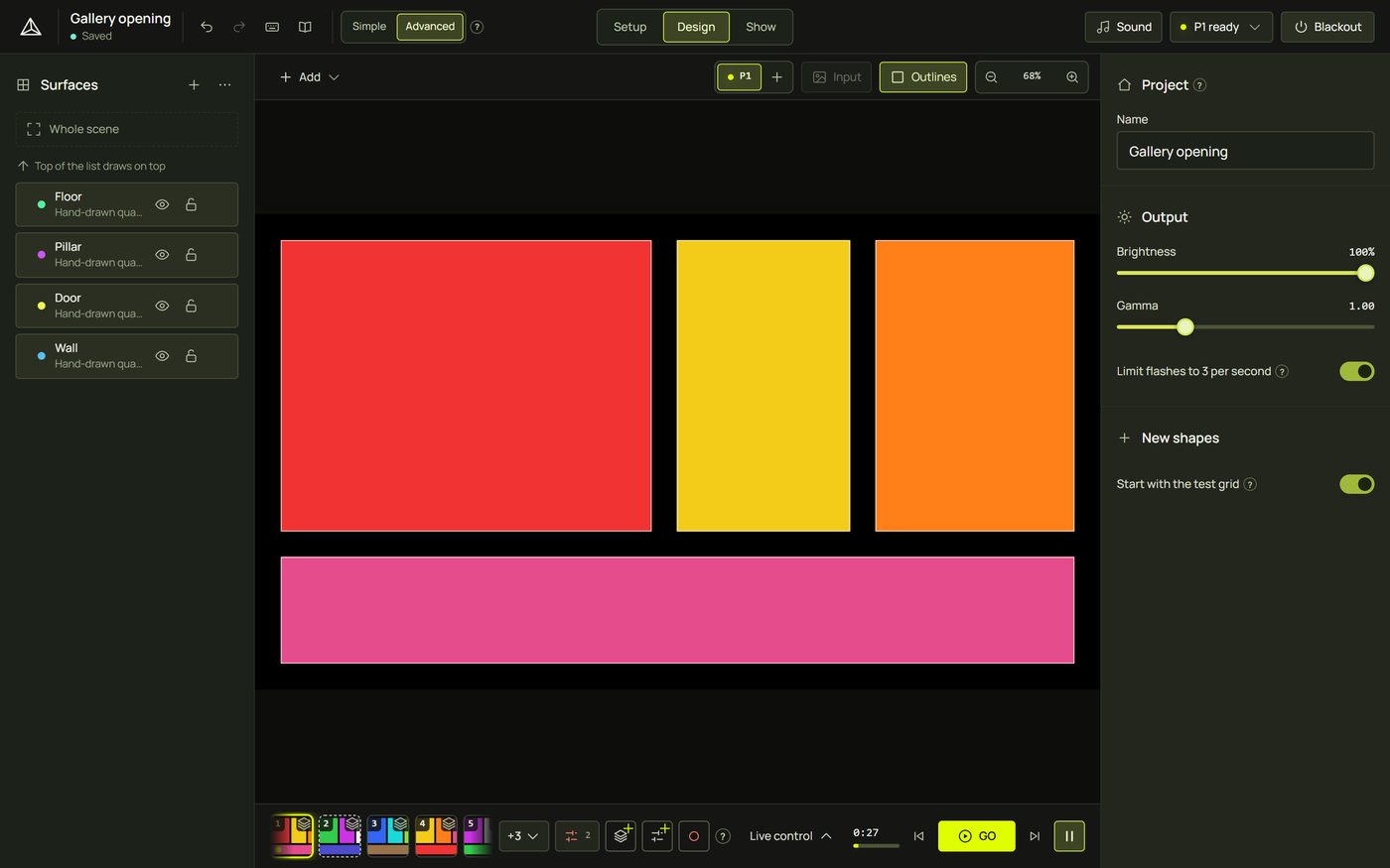 Design with the strip of scene tiles and GO under the canvas