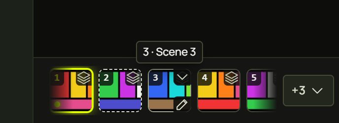 A hovered tile with its caption 3 · Scene 3 and its menu and edit buttons