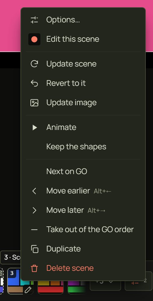 The tile menu from Options to Delete scene