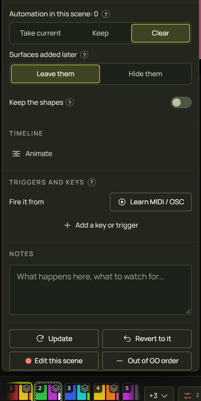 The bottom of the options panel: automation, surfaces added later, keep the shapes, timeline, triggers and keys, notes, buttons
