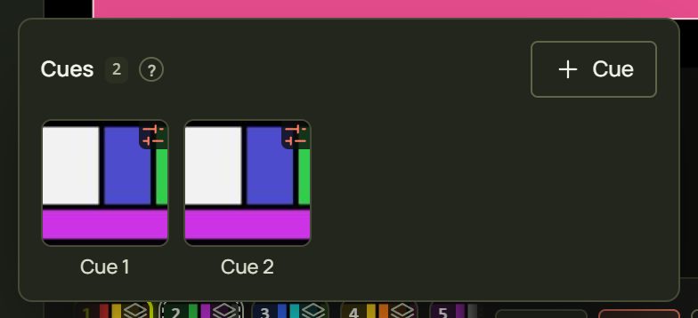 The Cues popover with Cue 1 and Cue 2 and a + Cue button