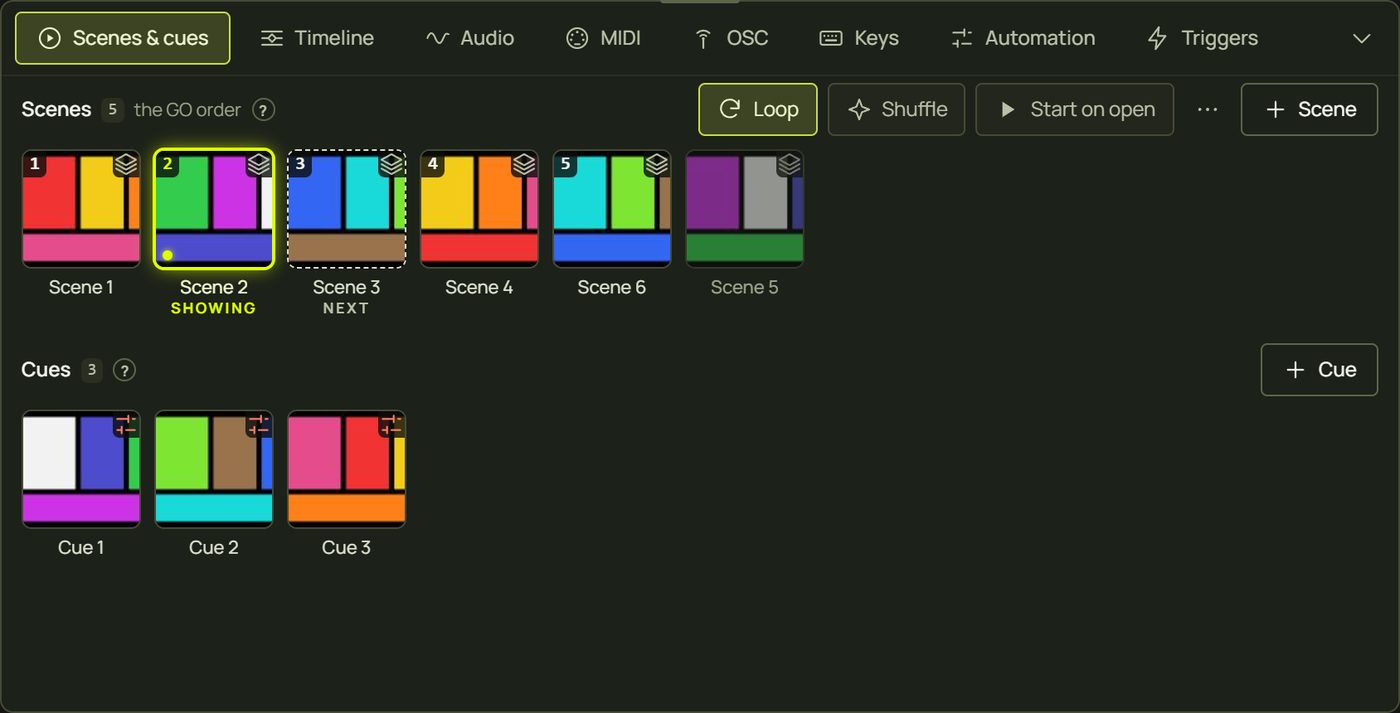Live control Scenes & cues: five scenes in the GO order, one dimmed after it, and three cues