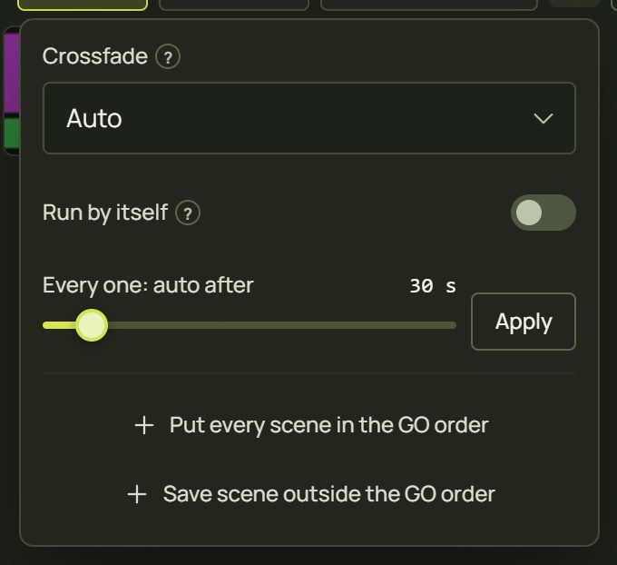 GO order options: Crossfade Auto, Run by itself, Every one auto after 30 s, Apply, Put every scene in the GO order, Save scene outside the GO order