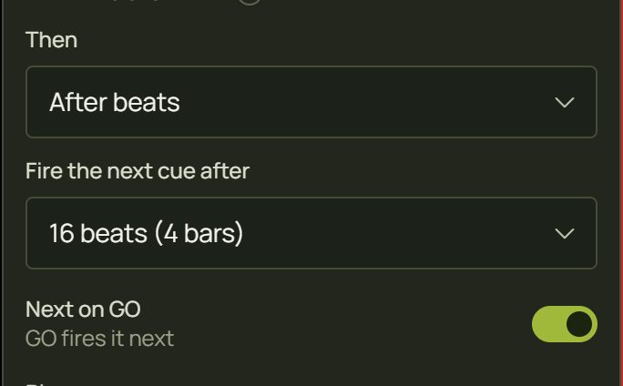 Then: After beats, Fire the next step after: 16 beats (4 bars), and Next on GO