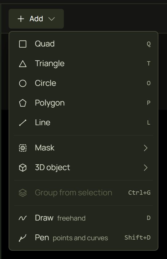 The Add menu in Advanced mode