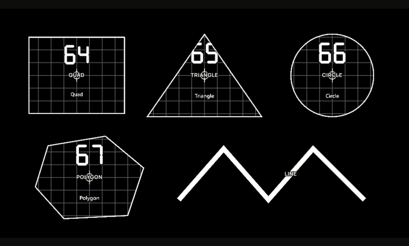 A quad, a triangle, a circle, a polygon and a line on the canvas