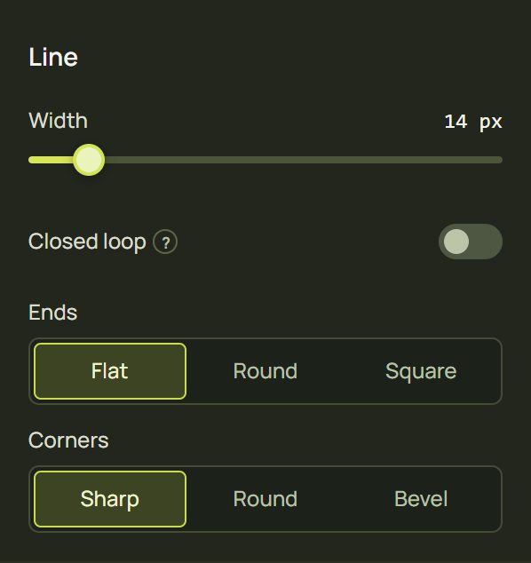 The Line settings: Width, Closed loop, Ends and Corners