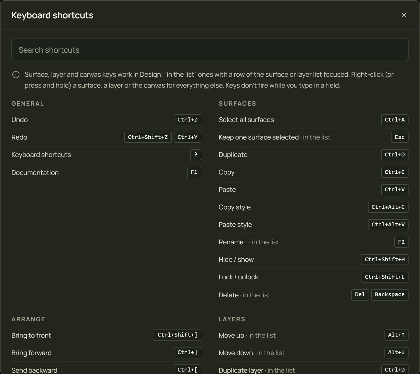 The Keyboard shortcuts sheet with a search field and the General, Surfaces, Arrange and Layers groups
