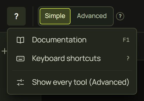 Simple mode's Help menu: Documentation F1, Keyboard shortcuts ?, Show every tool (Advanced)
