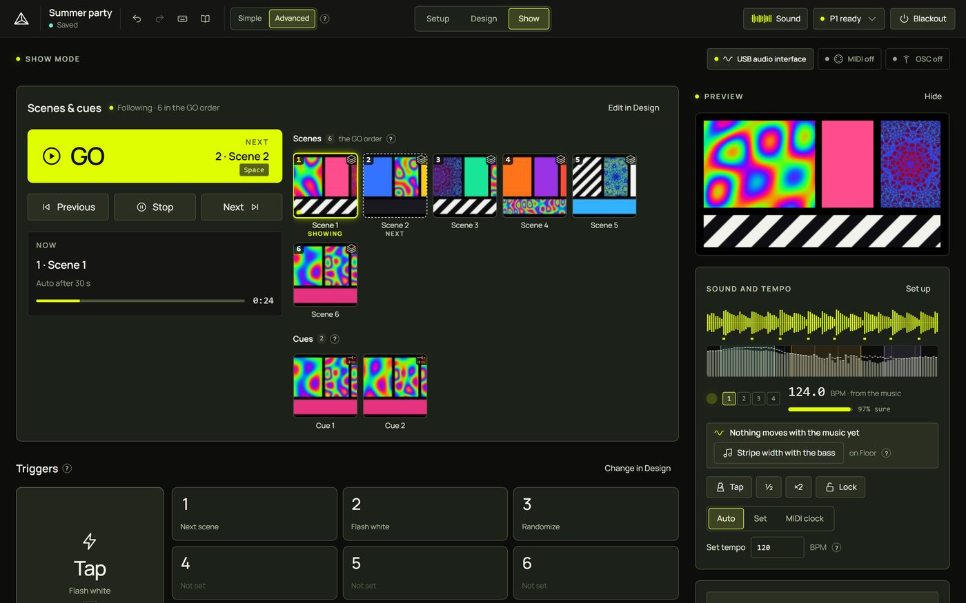 Show mode in Advanced: GO, scenes and cues, trigger pads, preview, sound and tempo