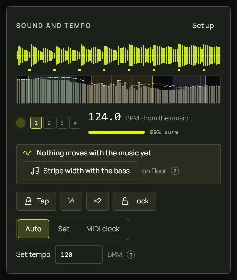 Sound and tempo: waveform, spectrum, beat lamp, 123.9 BPM from the music, Tap tempo, half, double, Lock, tempo source