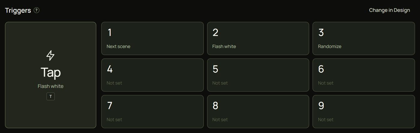 The Tap pad (Flash white) and pads 1 Next scene, 2 Flash white, 3 Randomize, 4 to 9 Not set
