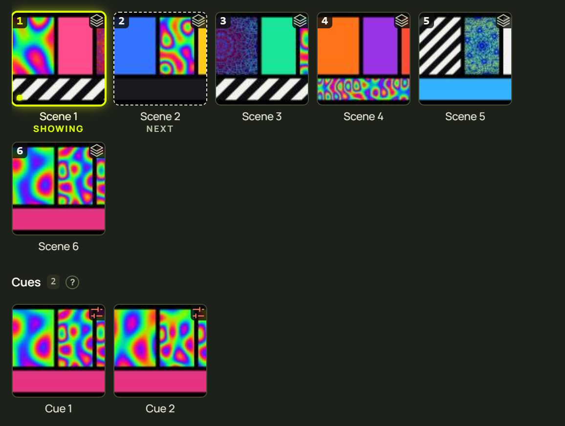 Scenes 1 to 6 with Scene 1 showing and Scene 2 next, and two cues