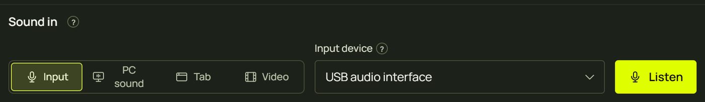 Sound in: the Input, This computer’s sound, Tab and Video buttons, the input device and Listen
