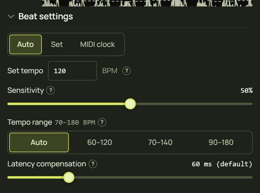 Beat settings: tempo source, set tempo, sensitivity, tempo range and latency compensation