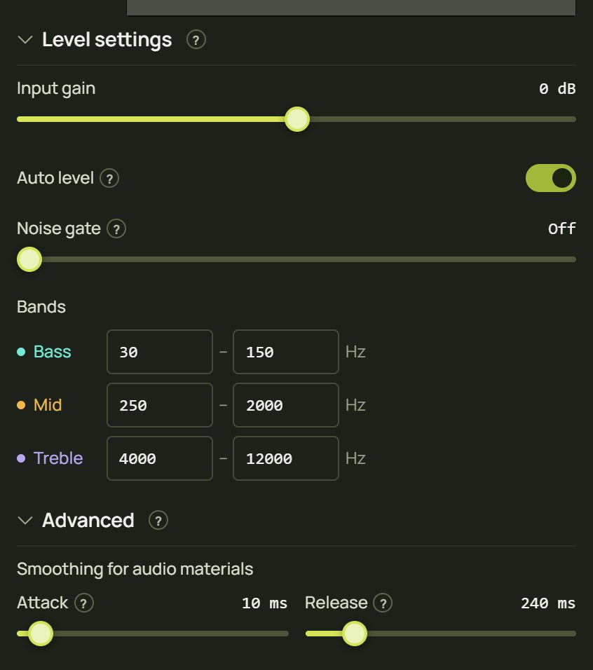 Level settings: input gain, auto level, noise gate, bands, and Advanced smoothing