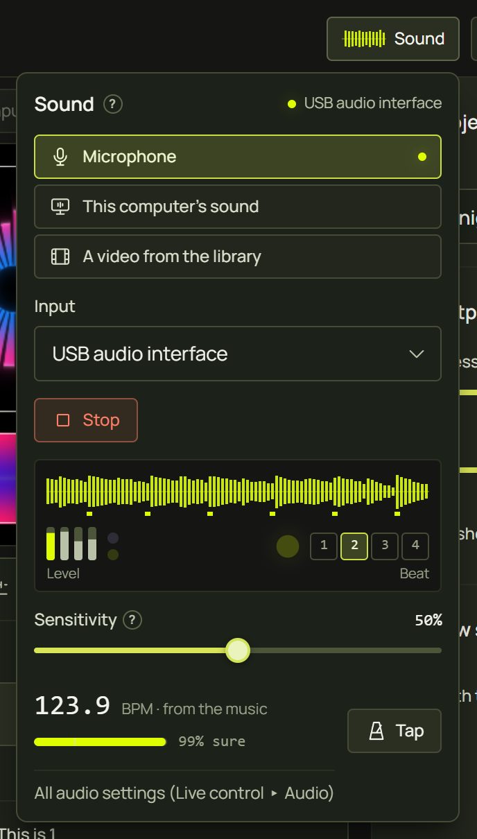 The Sound panel in Advanced mode with a link to all audio settings