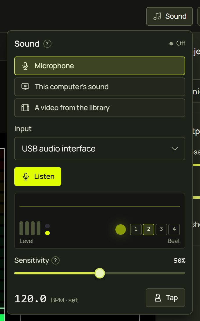 The Sound panel before listening, with Microphone chosen