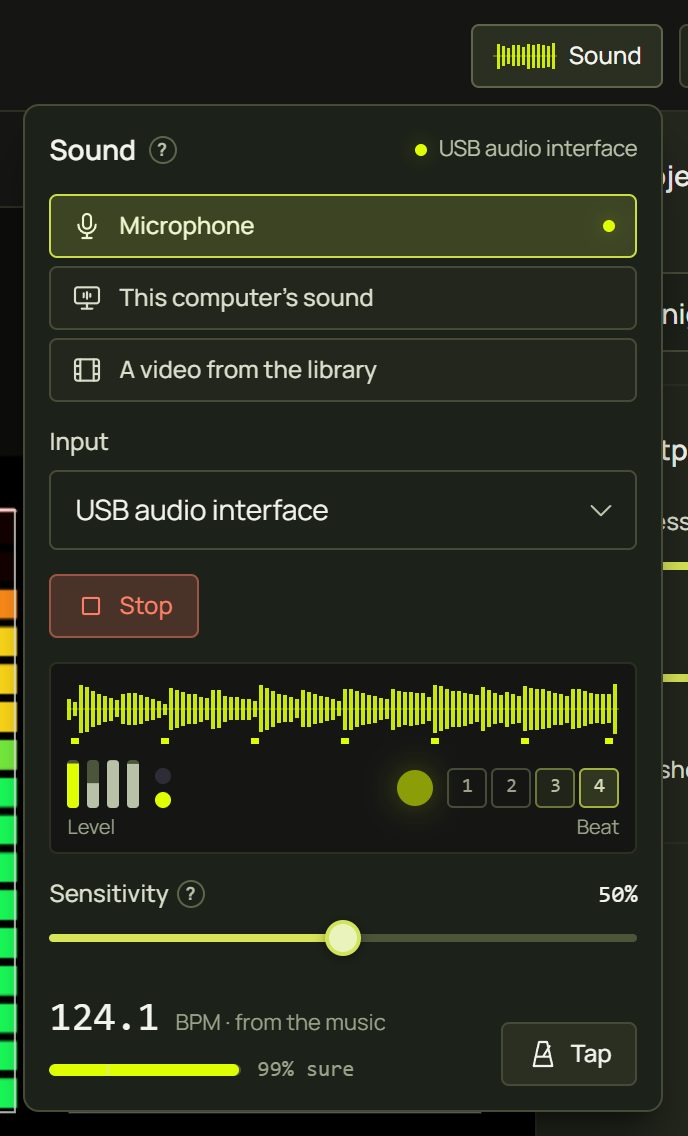 The Sound panel while listening: waveform, meter, beat lamp and tempo