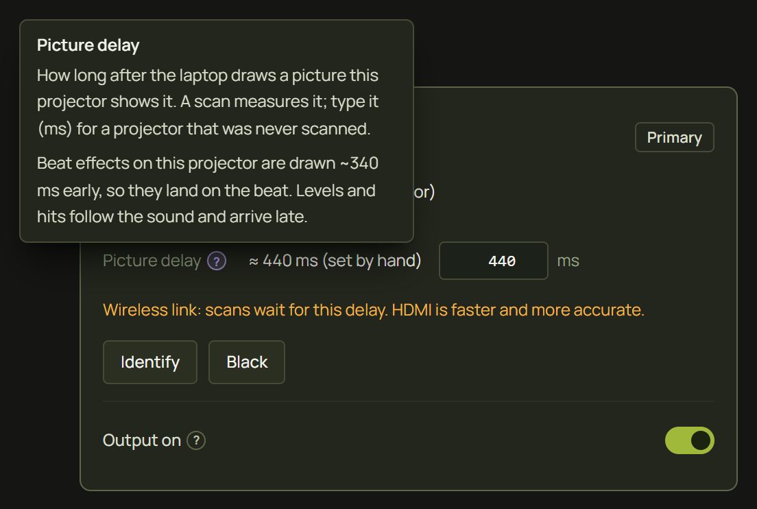 A projector card with a picture delay of 440 ms set by hand and its help tip