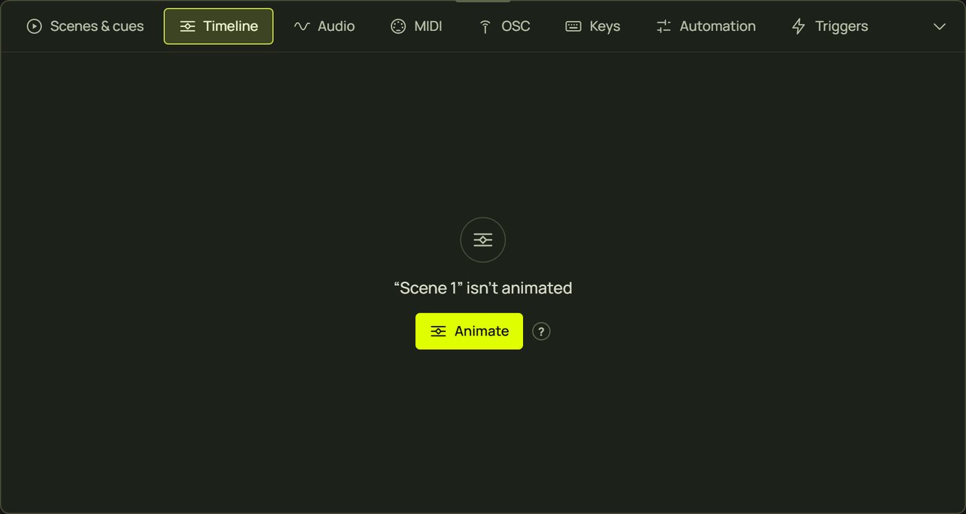 The Timeline tab: “Scene 1” isn't animated, with Animate