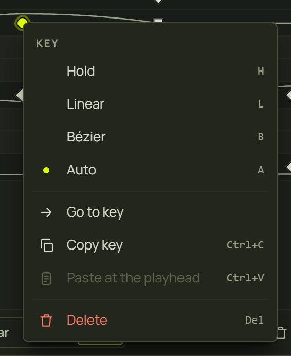 A key's menu: Hold, Linear, Bézier, Auto, Go to key, Copy key, Paste at the playhead, Delete