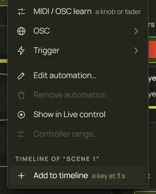 A setting's menu with Timeline of “Scene 1” and Add to timeline, a key at 3 s