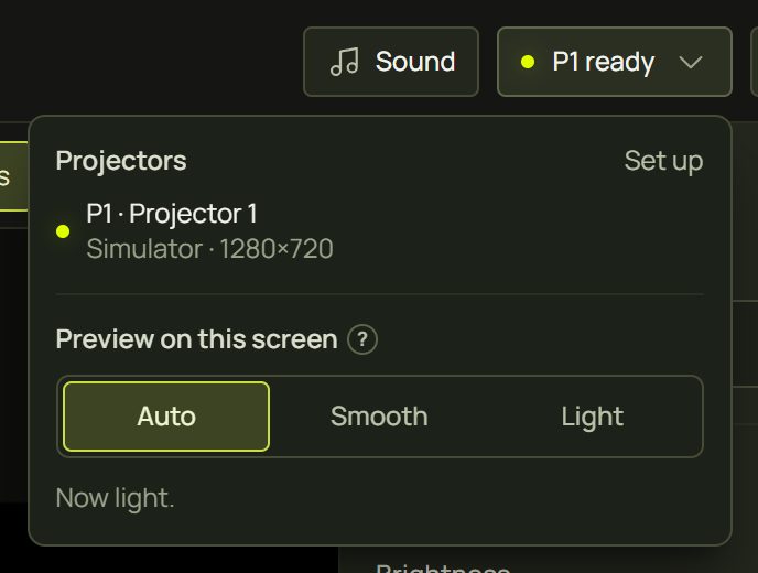 The status light's panel: Projectors, P1 Projector 1, Preview on this screen Auto Smooth Light