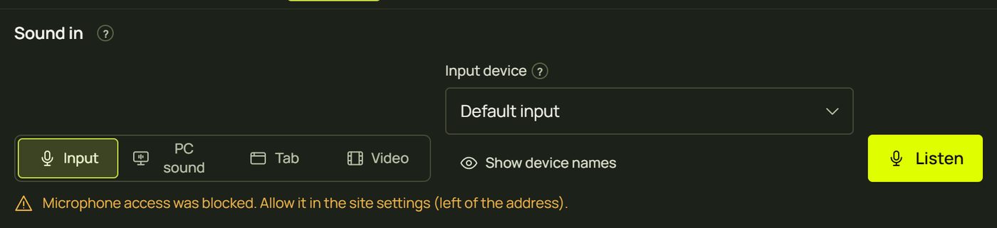 Microphone access was blocked. Allow it in the site settings (left of the address).