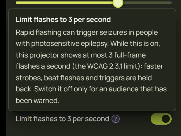 The projector's Safety section: Limit flashes to 3 per second, on, with its help text