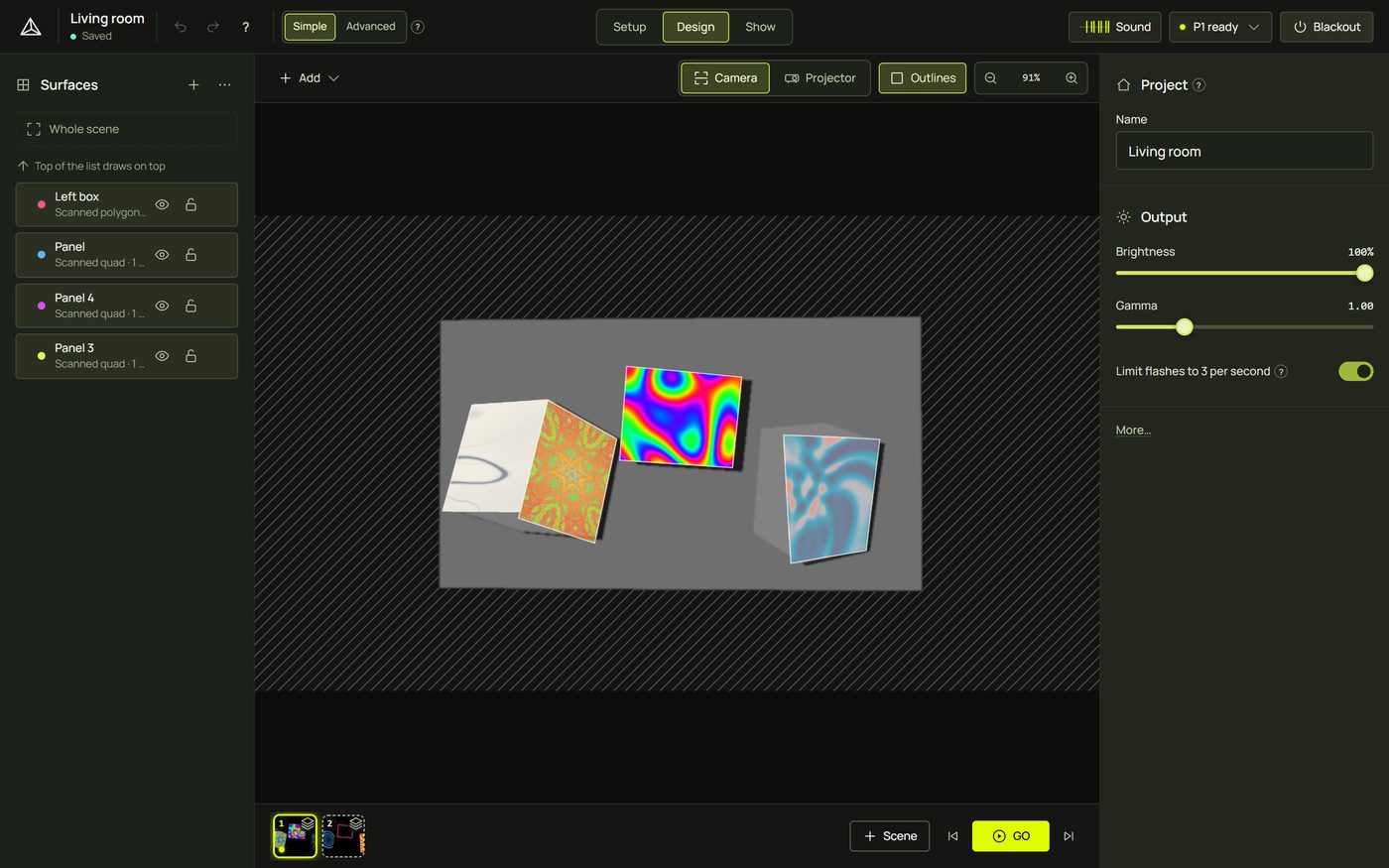 Design mode with four scanned objects, each with its own look